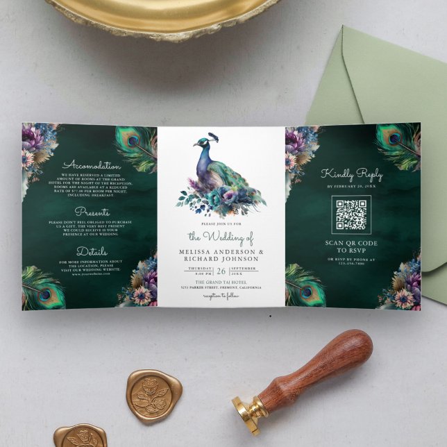 Peacock Floral Feather QR Code Emerald Wedding Dreifach Gefaltete Einladung (Von Creator hochgeladen)