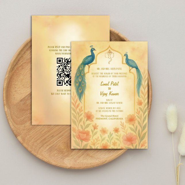 Peacock Floral Indian Hindu Wedding QR Code Einladung (Von Creator hochgeladen)