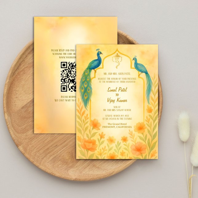 Peacock Floral Indian Hindu Wedding QR Code Einladung (Von Creator hochgeladen)