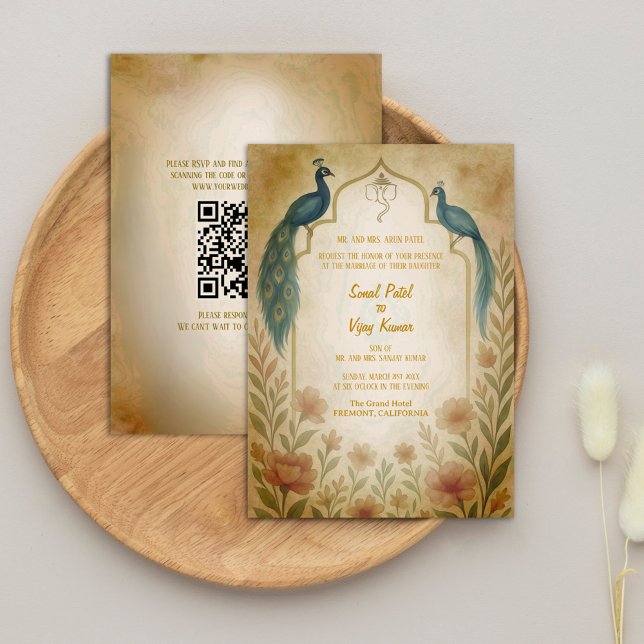 Peacock Floral Indian Hindu Wedding QR Code Einladung (Von Creator hochgeladen)