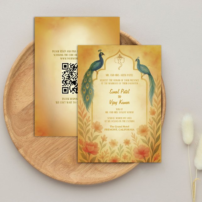 Peacock Floral Indian Hindu Wedding QR Code Einladung (Von Creator hochgeladen)