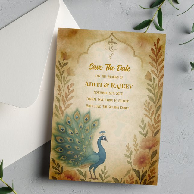 Peacock Floral Indian Wedding Save the Date Card Einladung (Von Creator hochgeladen)