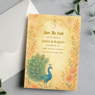 Peacock Floral Indian Wedding Save the Date Card Einladung