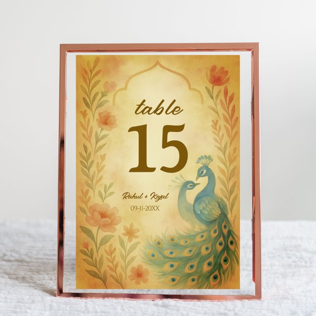 Peacock Floral Indian Wedding Tischnummer Card (Von Creator hochgeladen)