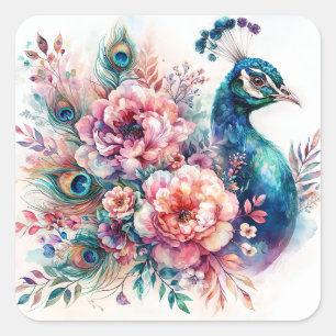 Peacock Floral Watercolor Portrait Quadratischer Aufkleber