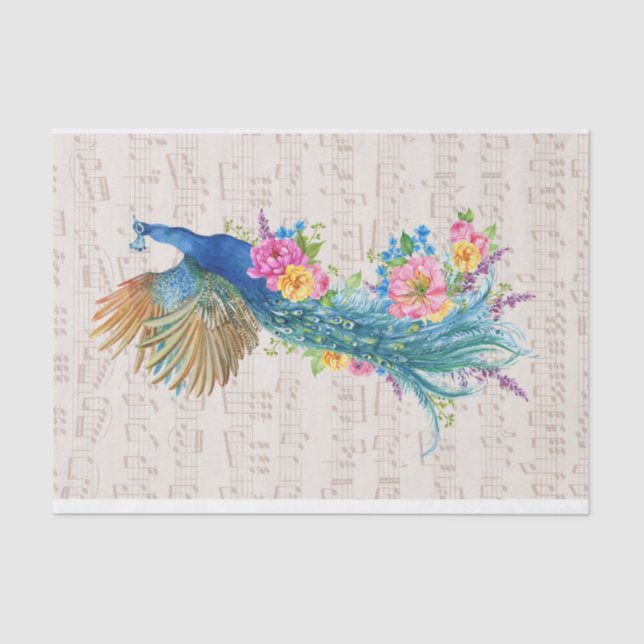 Peacock Florals auf Notenmusik Seidenpapier (Vorderseite)