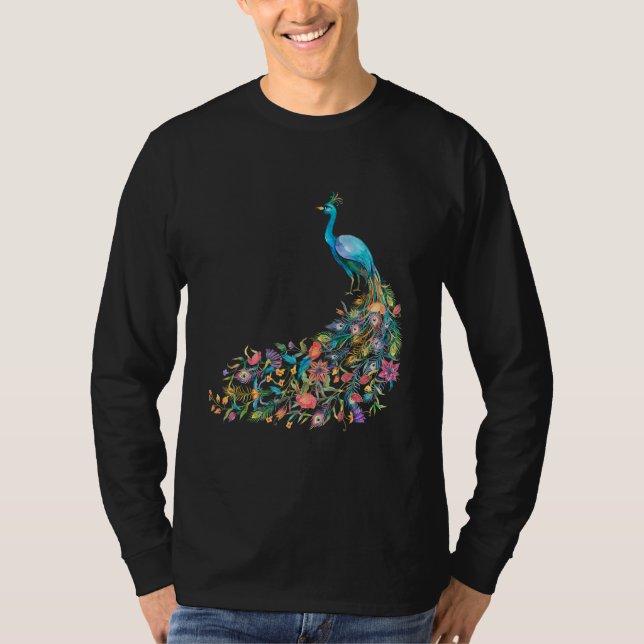 Peacock Graphic Blue Teal Floral Tail Feathers Bir T-Shirt (Vorderseite)