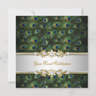 Peacock Green Blue Gold Elegantes Party Einladung