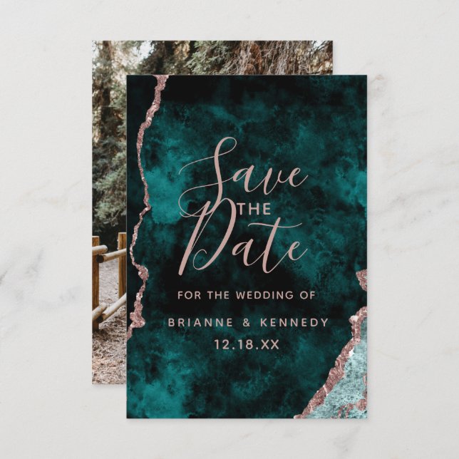Peacock Green Rose Gold Agate Marble Foto auf der  Save The Date (Vorne/Hinten)