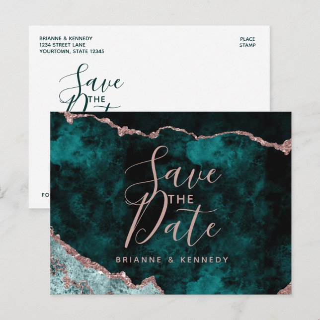 Peacock Green Rose Gold Agate Marble Save the Date Ankündigungspostkarte (Vorne/Hinten)