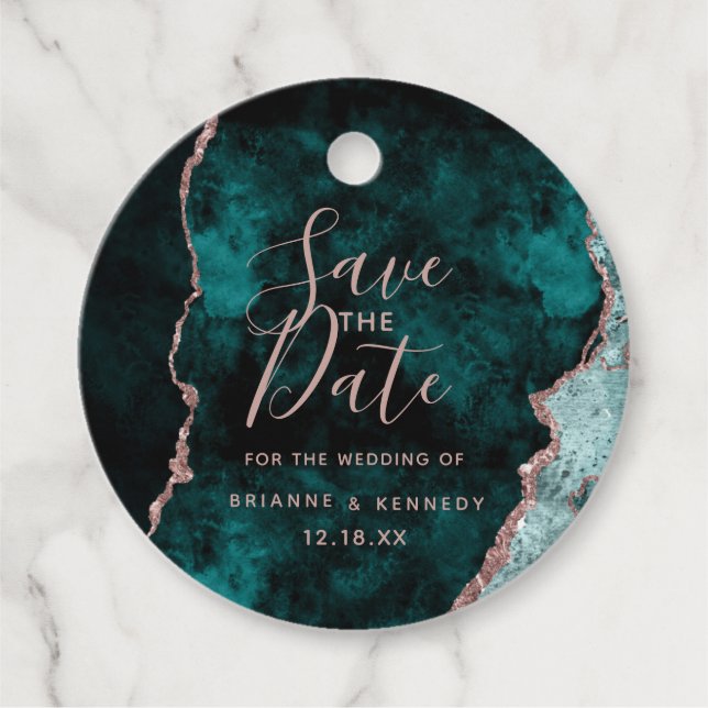 Peacock Green Rose Gold Agate Marble Save the Date Geschenkanhänger (Vorderseite)