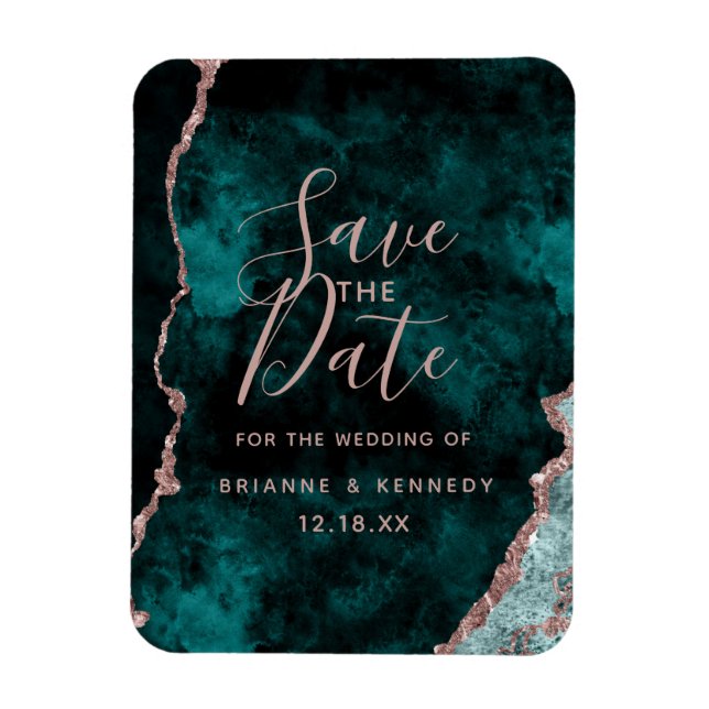 Peacock Green Rose Gold Agate Marble Save the Date Magnet (Vertikal)