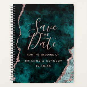 Peacock Green Rose Gold Agate Marble Save the Date Planer