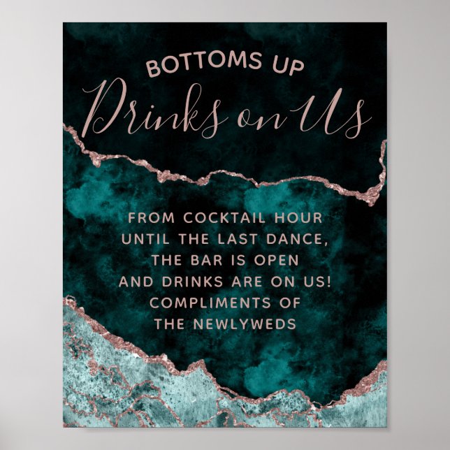 Peacock Green Rose Gold Agate Open Bar Table Sign Poster (Vorne)