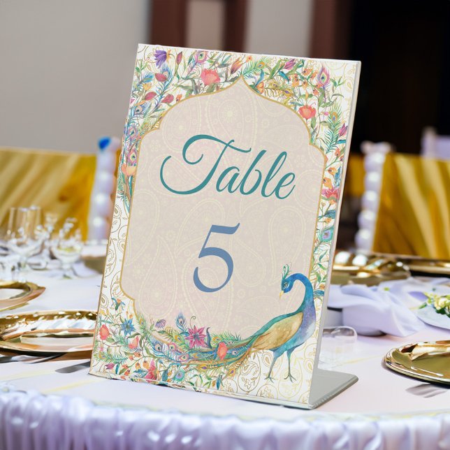Peacock Hindu Tischnummer Sockelschild (Peacock Hindu wedding table number Pedestal Sign personalized wedding reception decor)