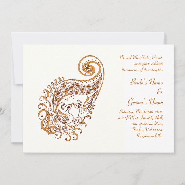 Peacock in Paisley Henna Einladung (Vorderseite)