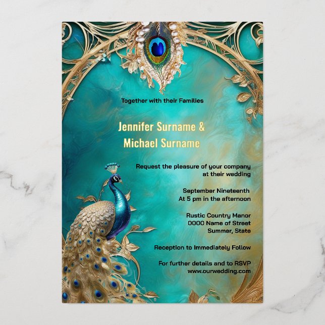 Peacock Indian Hochzeit Vintager Luxus-Chic-Rahmen Folieneinladung (Vorderseite)
