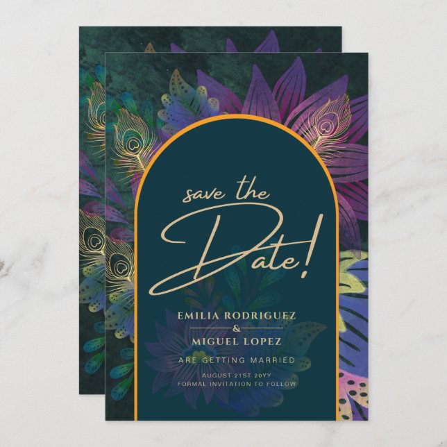 Peacock Jewel Tones Green Blue Wedding Einladung (Vorne/Hinten)