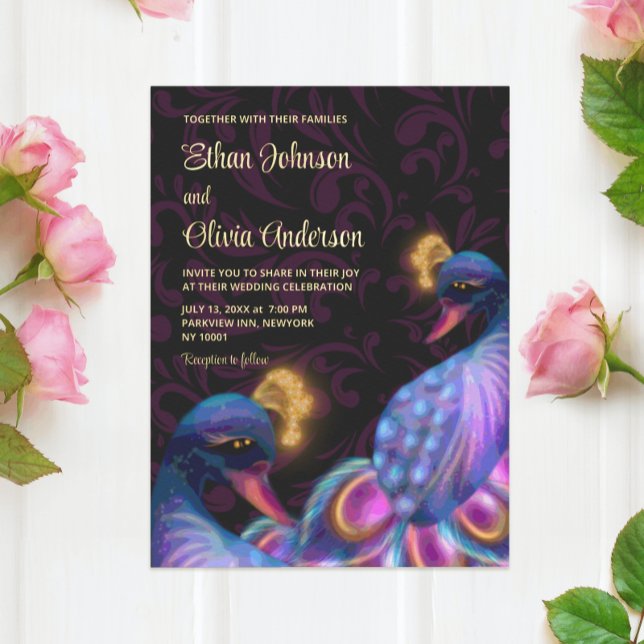 Peacock Jewel Tones Wedding Floral Moody lila Folieneinladung (Von Creator hochgeladen)