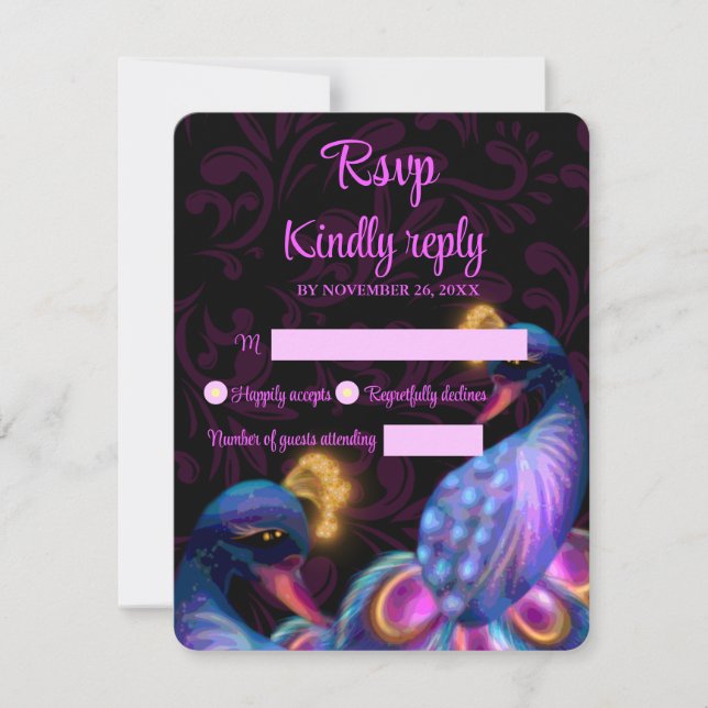 Peacock Jewel Tones Wedding Floral Moody lila RSVP Karte (Vorderseite)