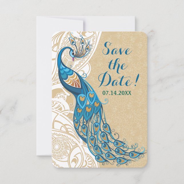 Peacock Lace Elegance Wedding Save the Date Einladung (Vorderseite)