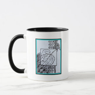 Peacock & Leaf Blk & Whit Ink Turquoise Border Mug Tasse
