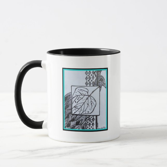 Peacock & Leaf Blk & Whit Ink Turquoise Border Tasse (Links)