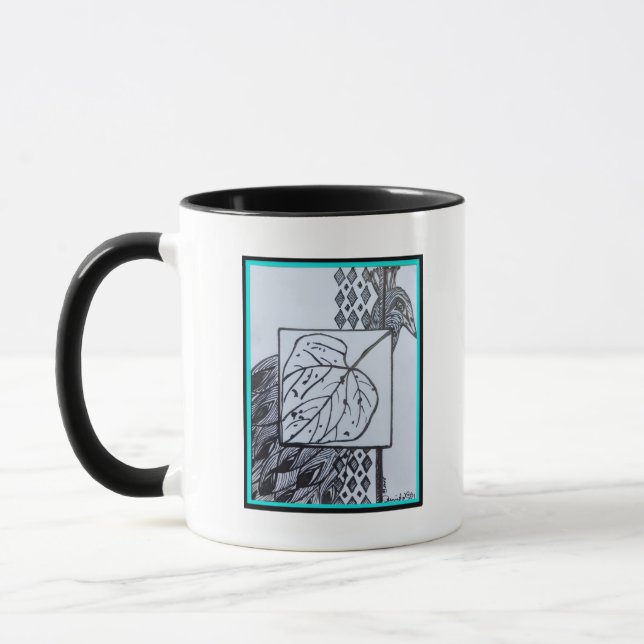 Peacock & Leaf Blk & Whit Ink Turquoise Border. Tasse (Links)
