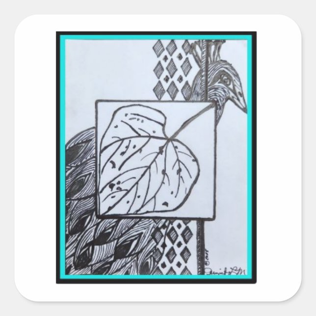 Peacock & Leaf Sticker -Blk & Turquoise (Vorderseite)