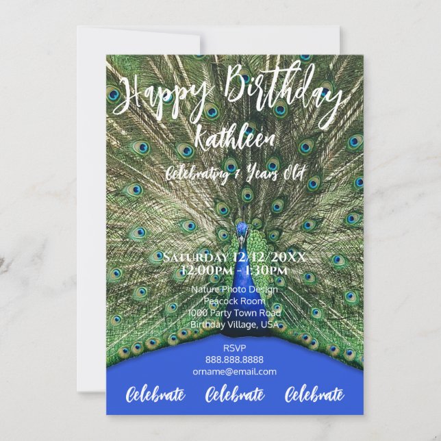 PEACOCK LILA FOTO GLÜCKLICH GEBURTSTAGLICHE EINLAD EINLADUNG (Vorderseite)