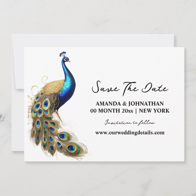 Peacock Luxus-Vogel Weißgold minimalistischer Chic Save The Date (Vorderseite)