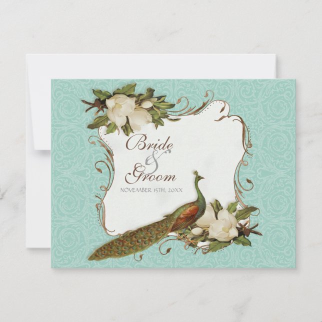 Peacock Magnolia floral Swirl Damask Wedding RSVP Karte (Vorderseite)
