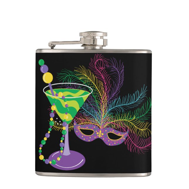 Peacock Mask und Martini Mardi Gras Flachmann (Vorderseite)