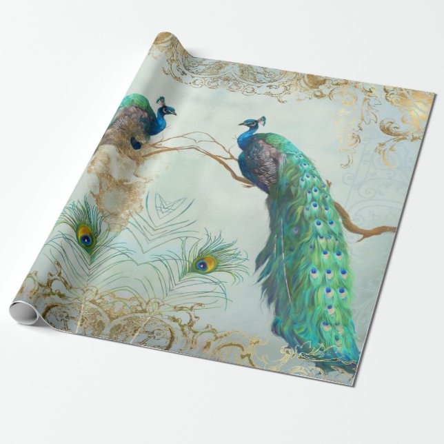 Peacock n Feathers Pair Blue Gold Decoupage Geschenkpapier (Ungerollt)