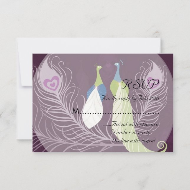 Peacock Pair Love Birds Lila Wedding RSVP (Vorderseite)