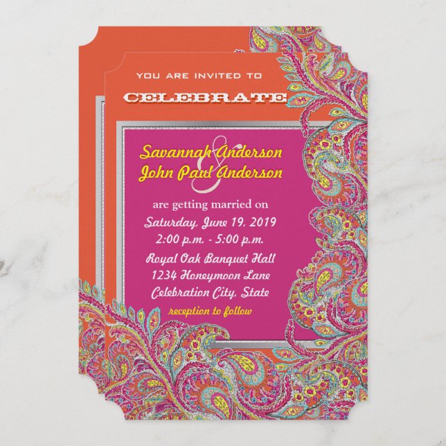 Peacock Paisley Mandarine Mustard Yellow Fuchsia Einladung (Vorne/Hinten)