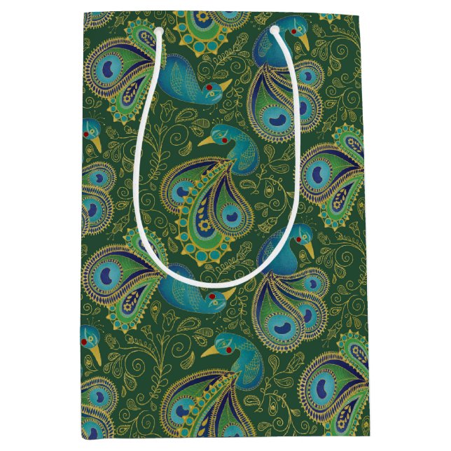 Peacock Paisley Pattern Green Mittlere Geschenktüte (Vorderseite)