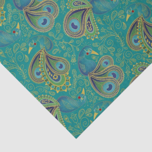 Peacock Paisley Pattern Teal Seidenpapier (Detail)