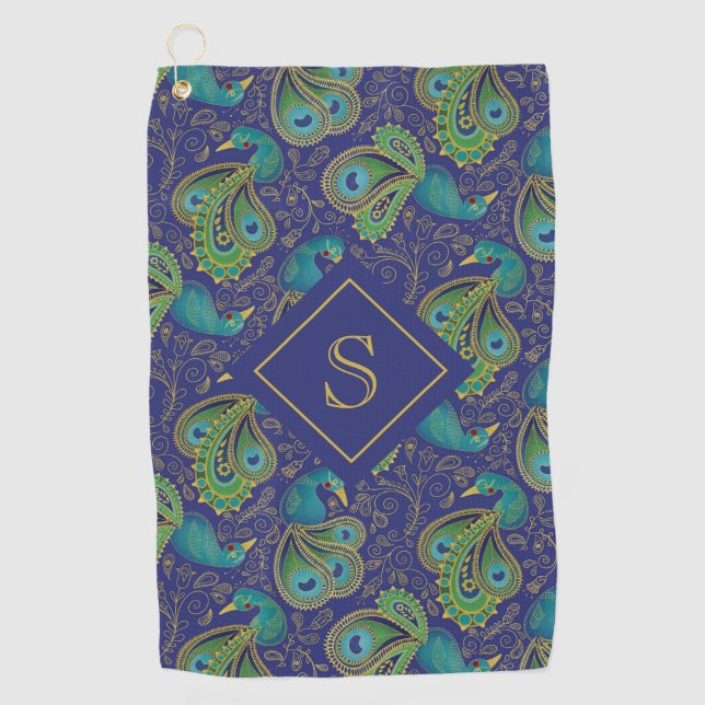 Peacock Paisley Royal Blue Monogram Golfhandtuch (Vorderseite)