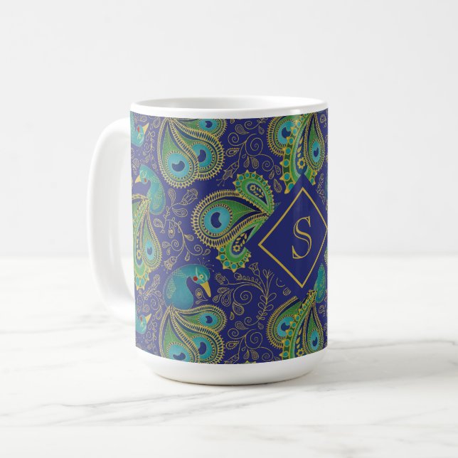 Peacock Paisley Royal Blue Monogram Kaffeetasse (Vorderseite Links)