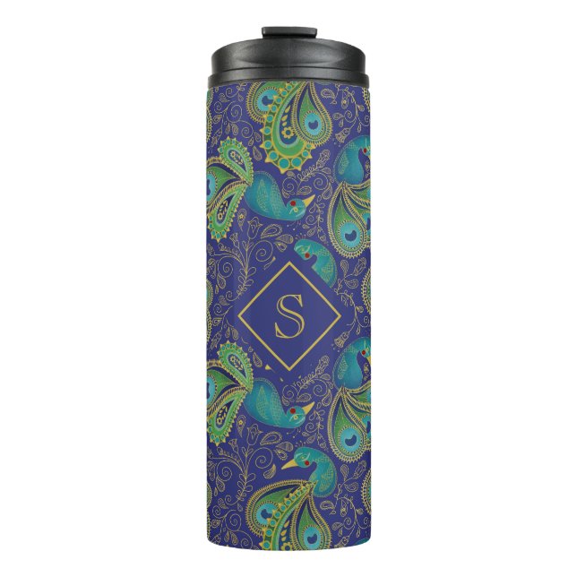Peacock Paisley Royal Blue Monogram Thermosbecher (Vorderseite)