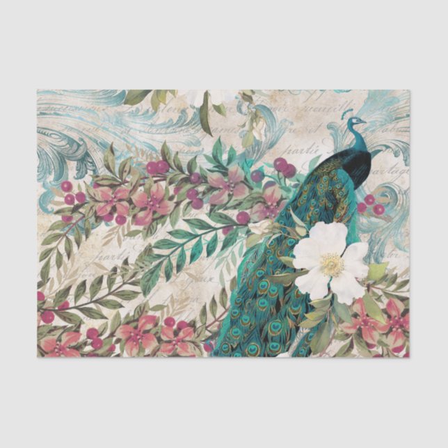 Peacock Peacocks Decoupage Rosa Blume Elegante Seidenpapier (Vorderseite)