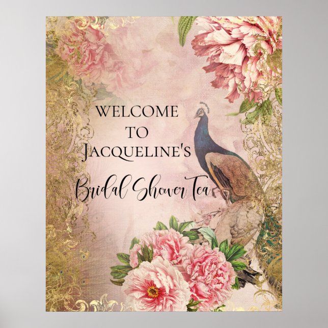 Peacock Peony Floral Pink Brautparty Tee Poster (Vorne)