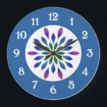 Peacock Petals Floral Große Wanduhr<br><div class="desc">This design feature a floral array of petals in rich gradient hues commonly seen on a peacock. The clock dial is surrounded in a coordinating shade of blue.</div>