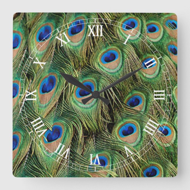 Peacock Roman Numerale Clock Quadratische Wanduhr (Vorderseite)