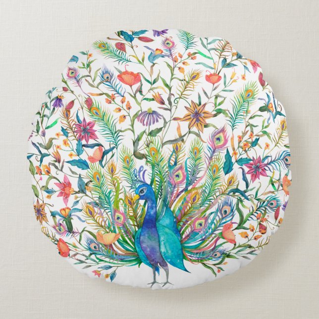 Peacock Round-Throw-Kissen Rundes Kissen (Vorderseite)