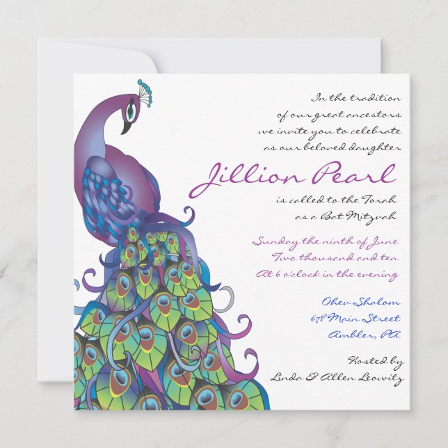 Peacock Thema Bat Mitzvah Einladung Blue (Vorderseite)