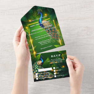 Peacock Thema Luxus 3D-Pfau smaragdgoldblau All In One Einladung