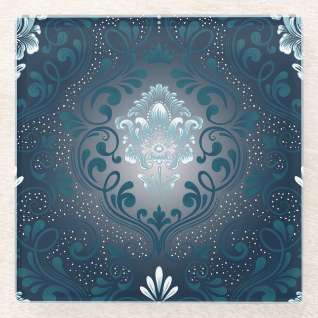 Peacock und Cyan Damask Glass Untersetzer (Vorderseite)