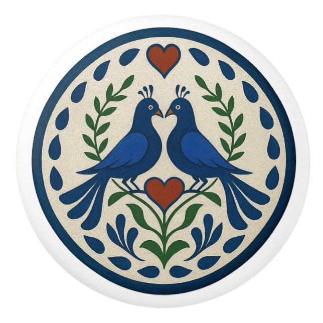 Peacock und Heart Pennsylvania Dutch Hex Sign Knob Keramikknauf (Vorderseite)